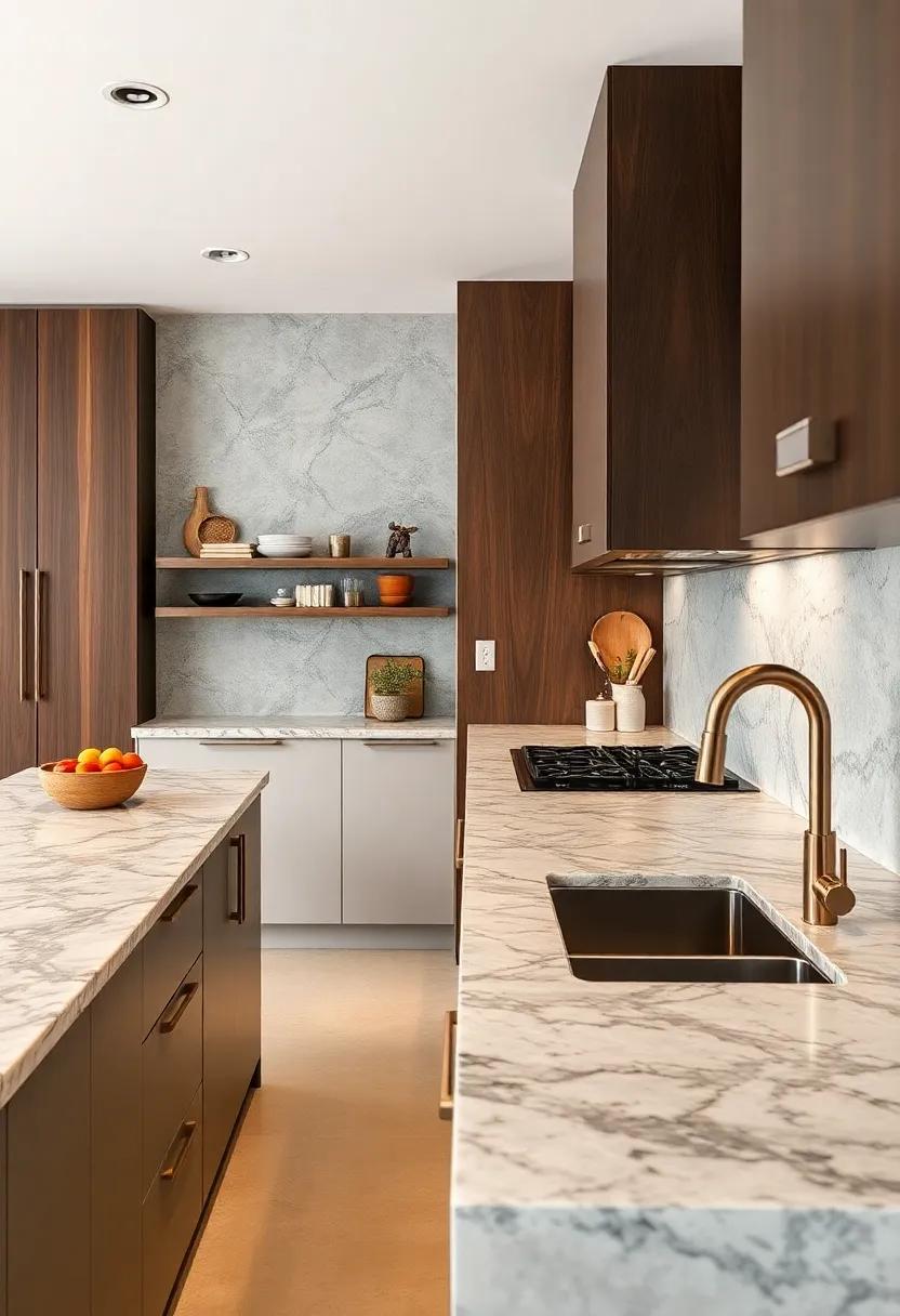 Luxurious Granite⁤ Worktops ​with Sculptural ​Fixtures: Heavy granite countertops accompanied ⁢by eye-catching⁢ sculptural faucets emphasize refinement within ⁢an eclectic palette
