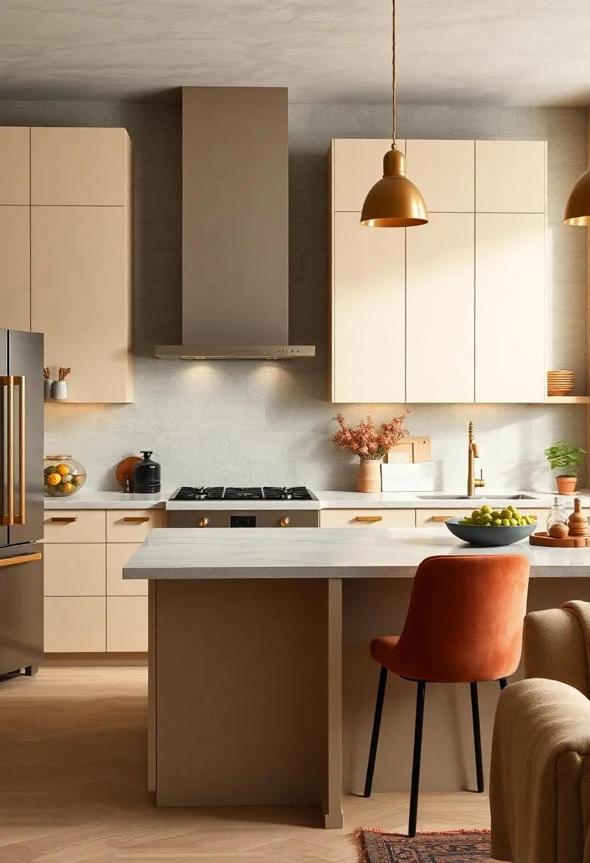 Warm Neutrals and Soft Gold Hardware: Creamy beige‌ cabinets combined with ‌soft‍ gold fixtures provide warmth and timeless sophistication