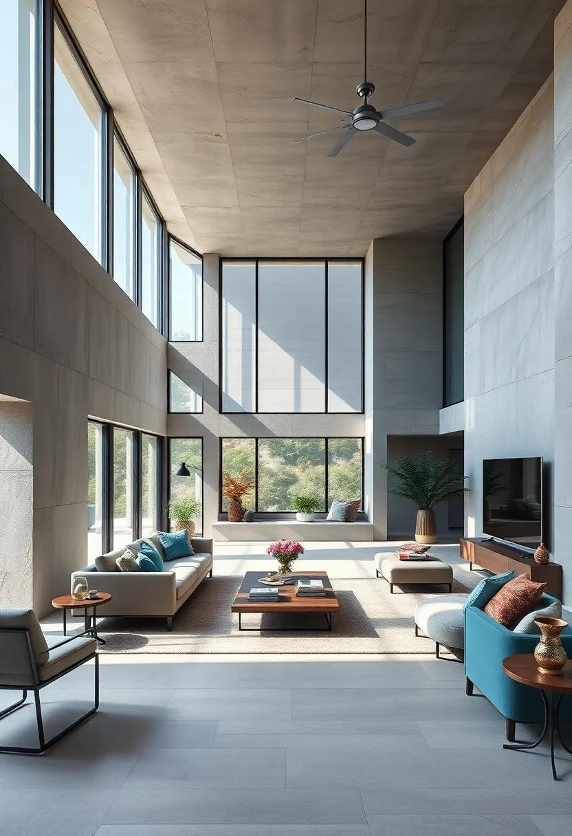 An architectural marvel, this home pairs concrete and glass to create a striking contrast, with floor-to-ceiling windows illuminating the dramatic design