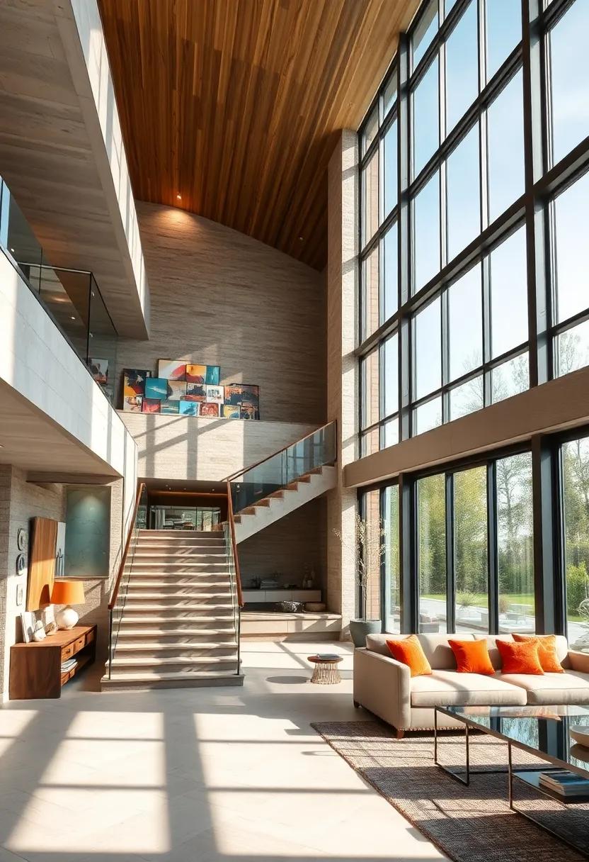 A dramatic staircase ascends alongside towering windows that fill this modern residence with dazzling daylight