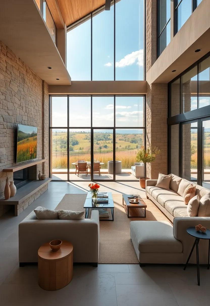 An elegant blend of rustic stone and glass, this home's floor-to-ceiling windows highlight stunning vineyard views beyond