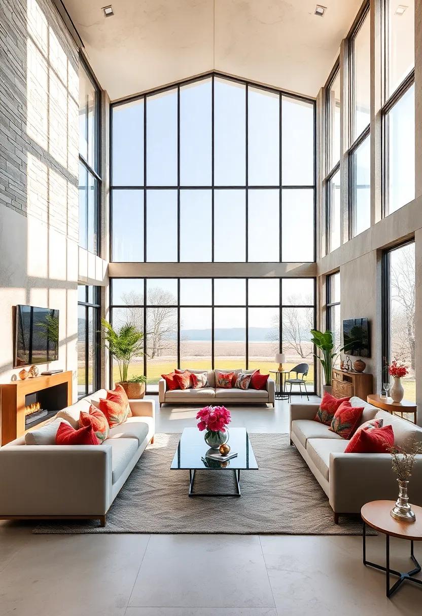 Featuring a double-height living room, this home uses soaring windows to emphasize space and light, creating a lofty, airy ambiance