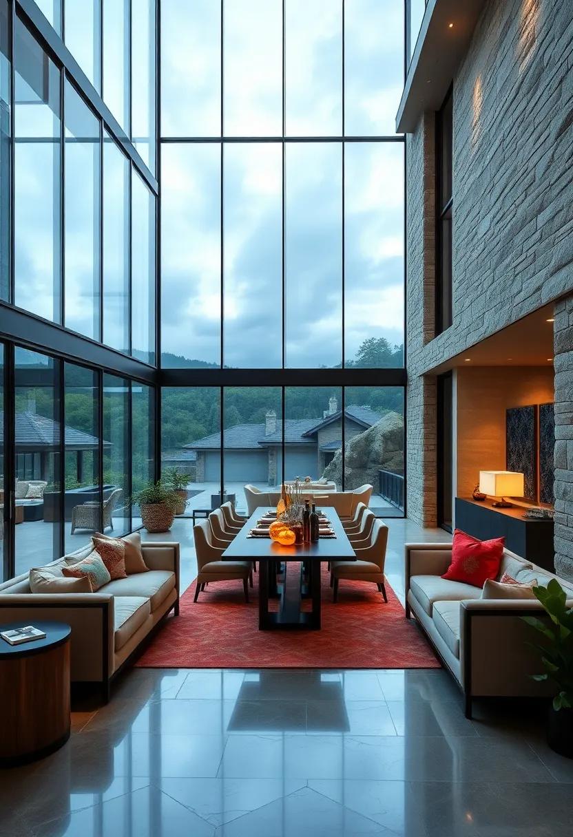 the glass-wrapped dining area in this estate creates an elegant setting for entertaining with panoramic outdoor vistas