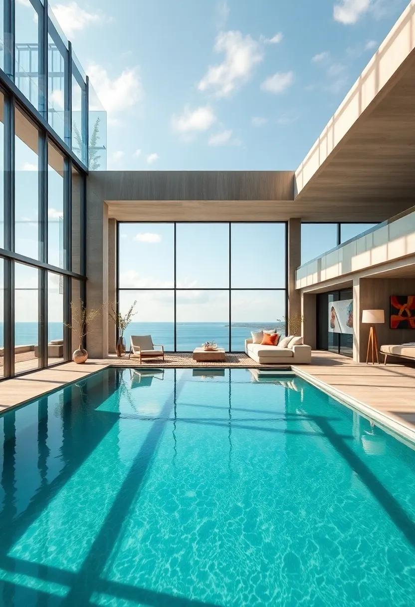 The infinity pool is seamlessly integrated with the living areas thanks to impressive floor-to-ceiling windows that reflect water and sky