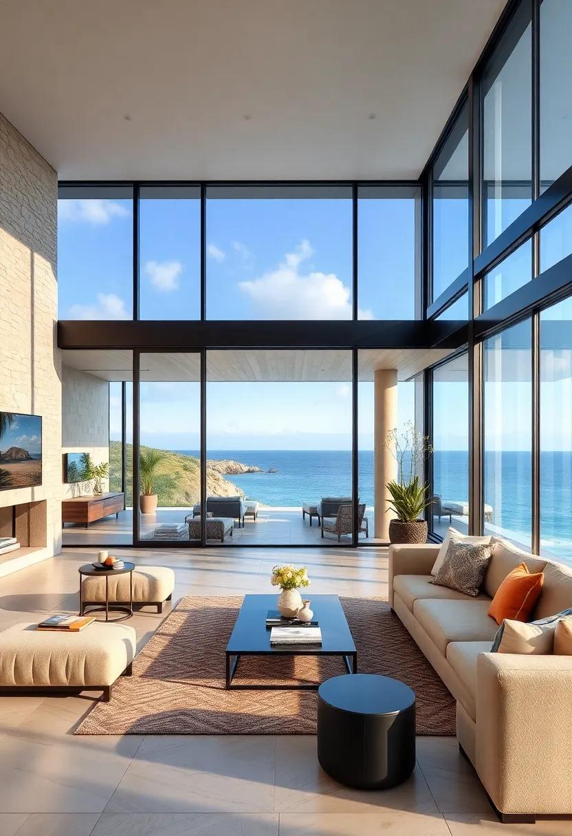 With its sleek glass walls, this coastal retreat offers uninterrupted vistas of the ocean, blending indoor elegance with the serene outdoor environment
