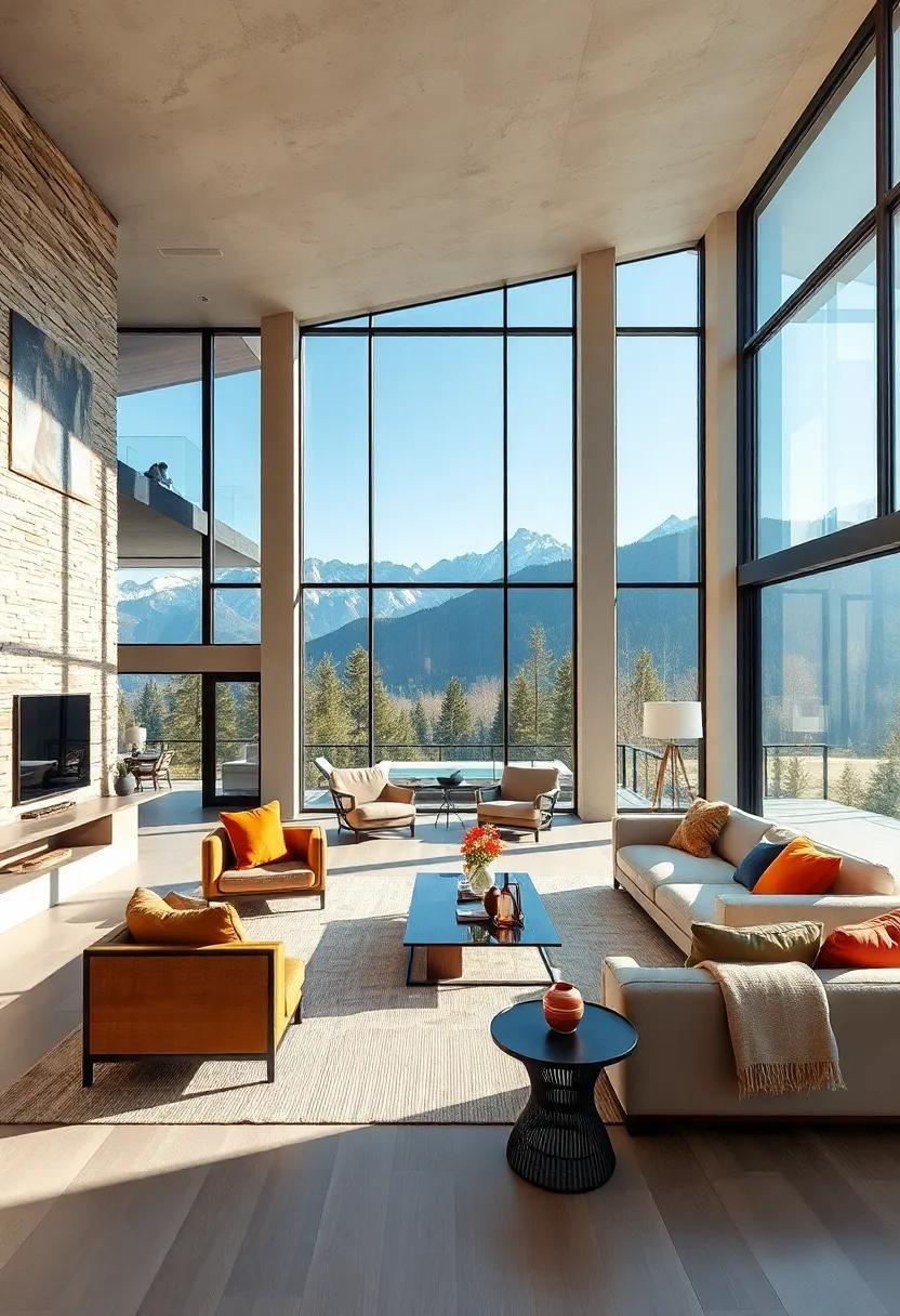 This modern mansion features expansive floor-to-ceiling windows that flood the open-plan living space with natural light, perfectly framing panoramic mountain views
