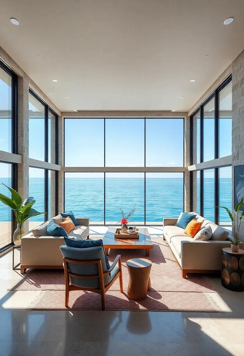 This waterfront villa uses floor-to-ceiling windows to highlight the gentle waves and natural light, fostering relaxation
