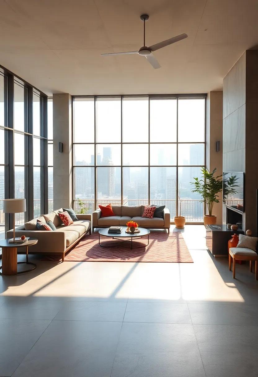 This sleek urban loft's expansive windows invite city light to saturate every corner, creating a warm and inviting atmosphere