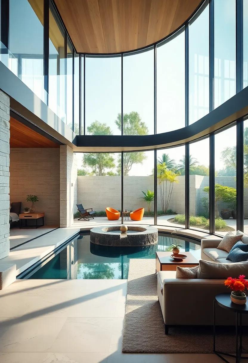 This contemporary estate's glass walls provide a crystal-clear view of a tranquil water feature, enhancing the feeling of peaceful luxury