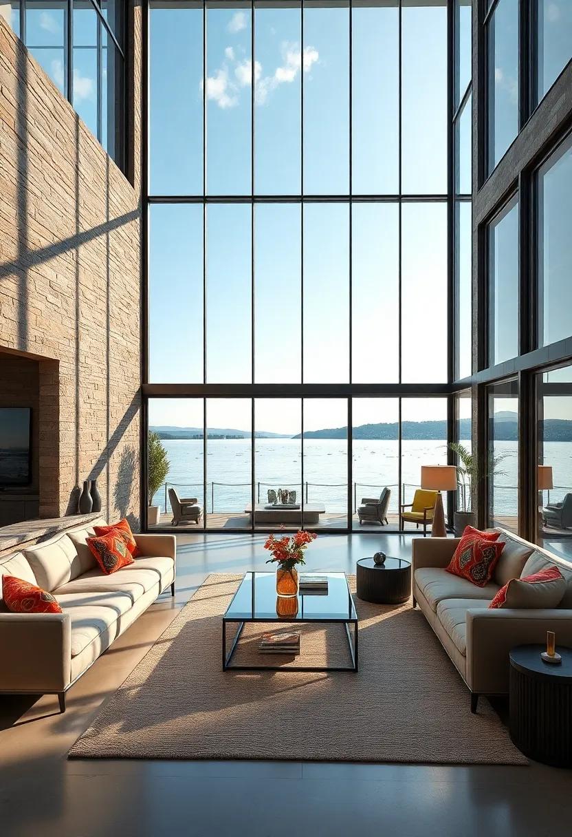 This waterfront property features floor-to-ceiling windows that allow the calm of the lake to permeate the sleek interior