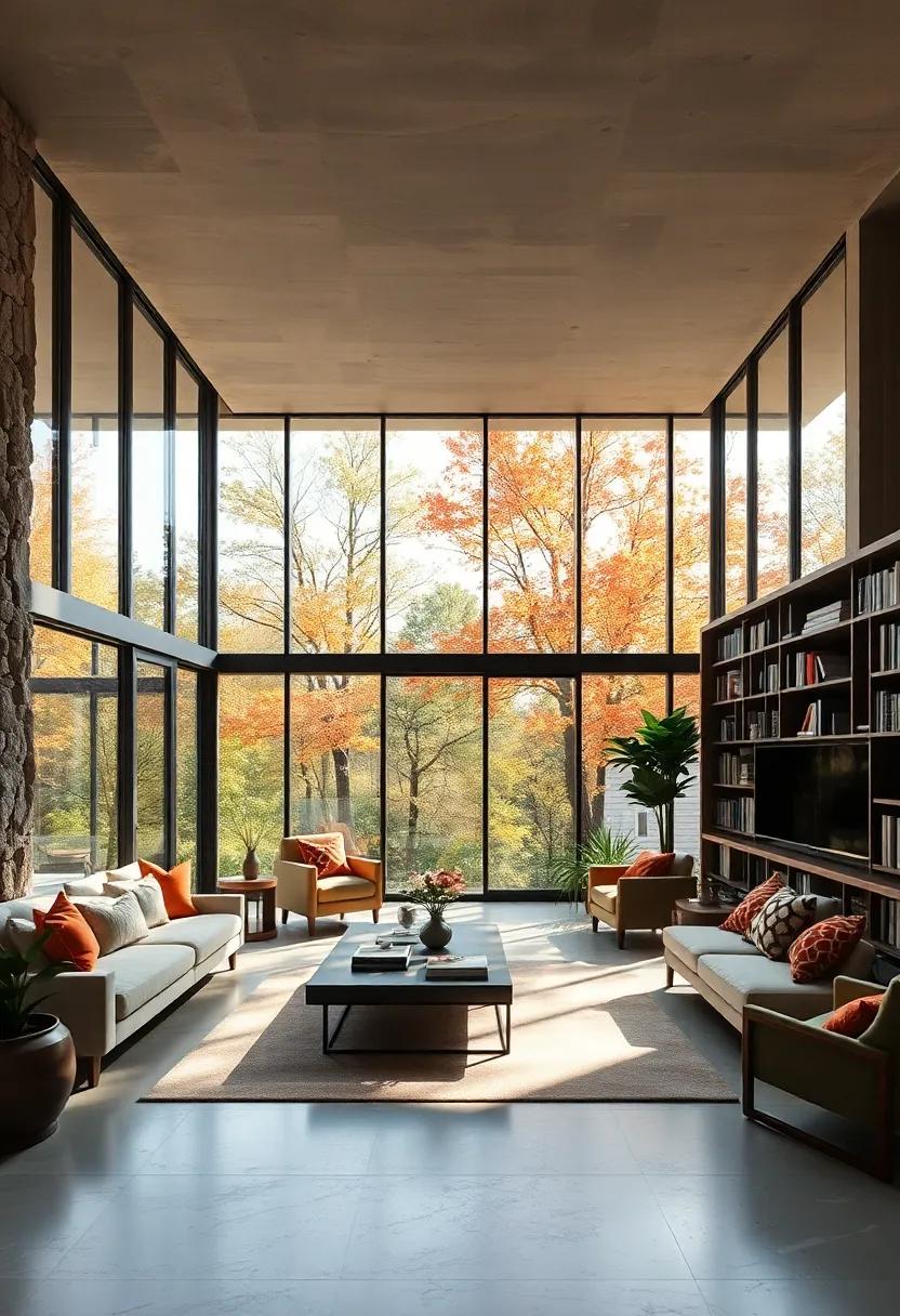 This glass-encased library room creates an inspiring haven flooded with light and framed by vibrant trees