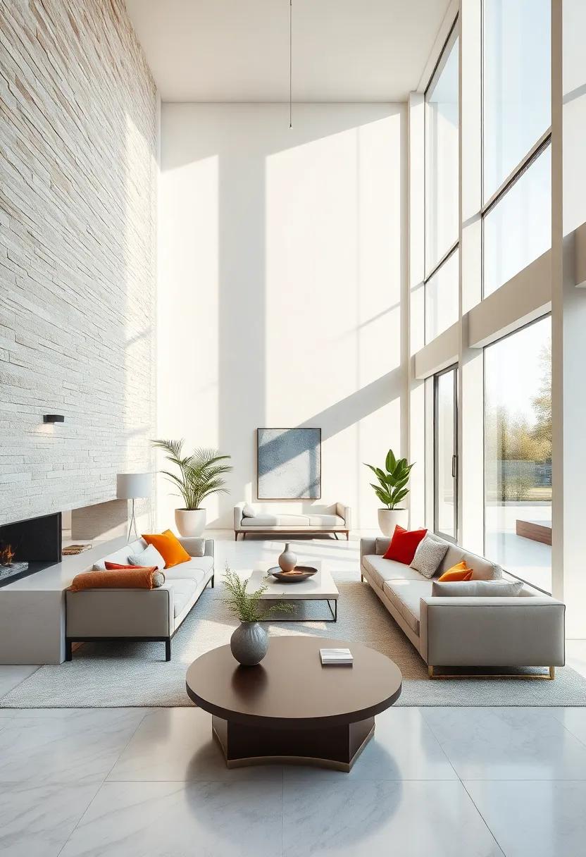 This minimalist home highlights clean lines and expansive windows that invite the changing daylight to play across its pristine interiors