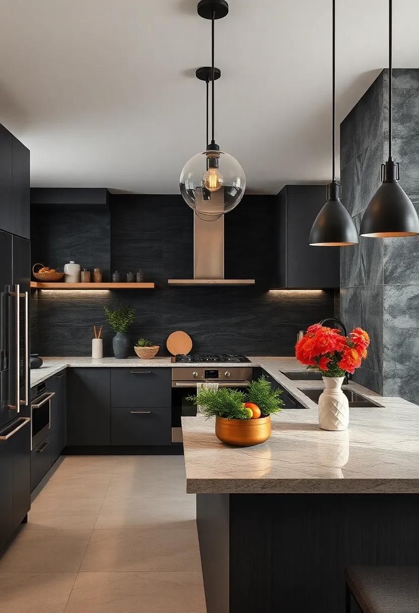 Add textured black backsplash tiles to provide depth and tactile intrigue