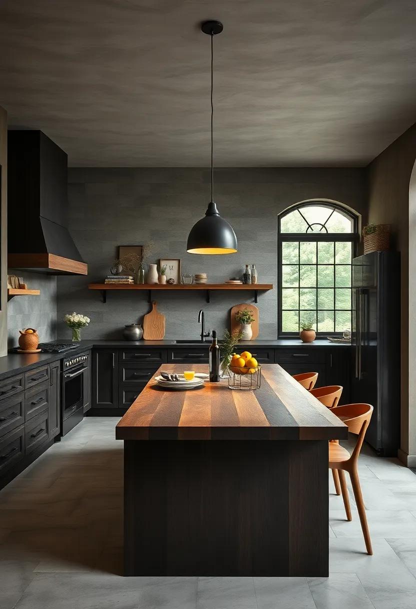 Choose dark stained butcher block countertops to merge warmth with mystery