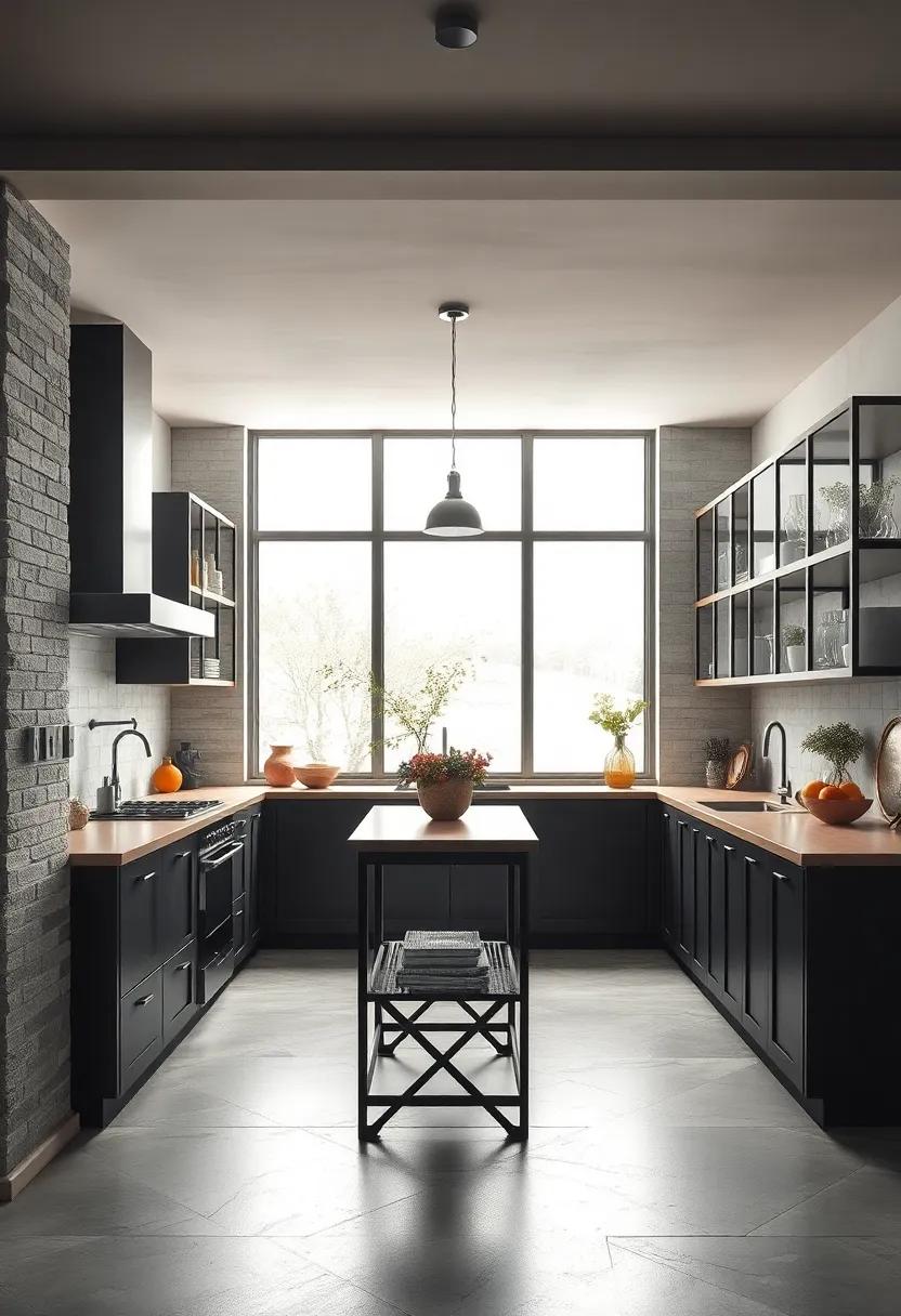 Employ open black iron frames in cabinet doors to enhance industrial moody vibes