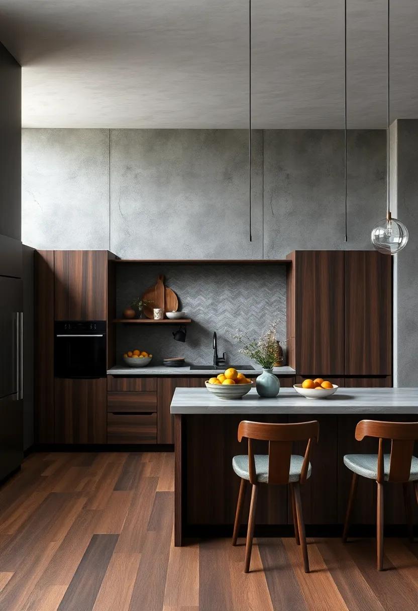 Layer dark walnut wood tones with muted grey walls for a cozy yet modern atmosphere