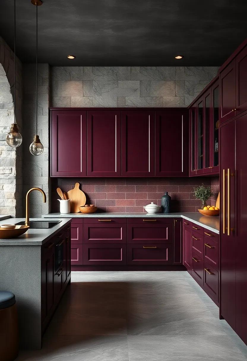 Pair deep burgundy or wine-colored cabinets with brass handles for a regal touch