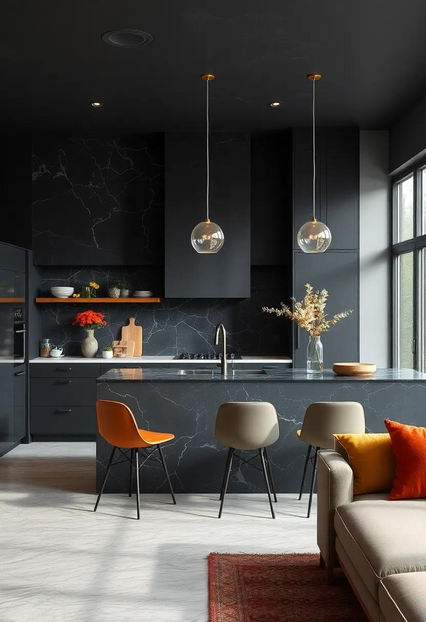 select dark, veined marble for backsplashes or countertops to add natural drama