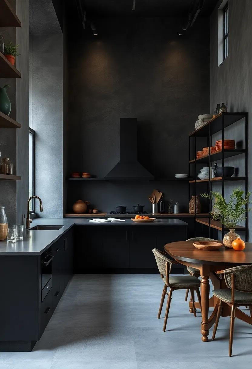 Use dark,industrial-inspired metal shelving to blend functionality with style