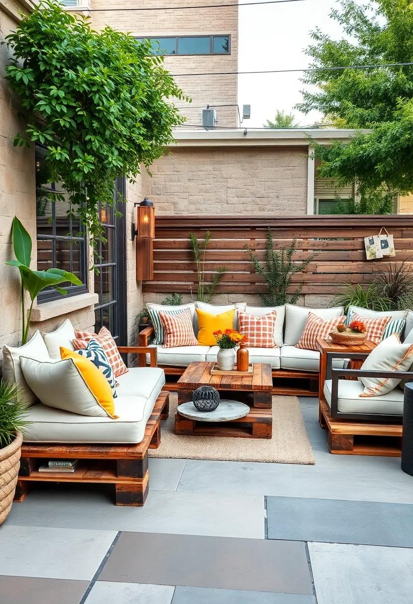 Rustic Charm: A cozy corner sofa​ made from reclaimed pallets, softened with​ weather-resistant cushions and throw pillows