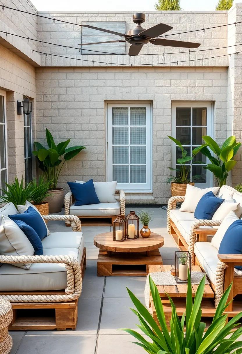 Nautical Nook: Rope-wrapped pallets with navy cushions, lanterns, and ‍driftwood decorations for seaside inspiration