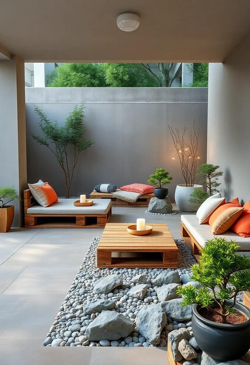 Zen Garden: Simple, unfinished pallets ‌with‍ bamboo mats and minimalist ⁢cushions, surrounded by stone and bonsai