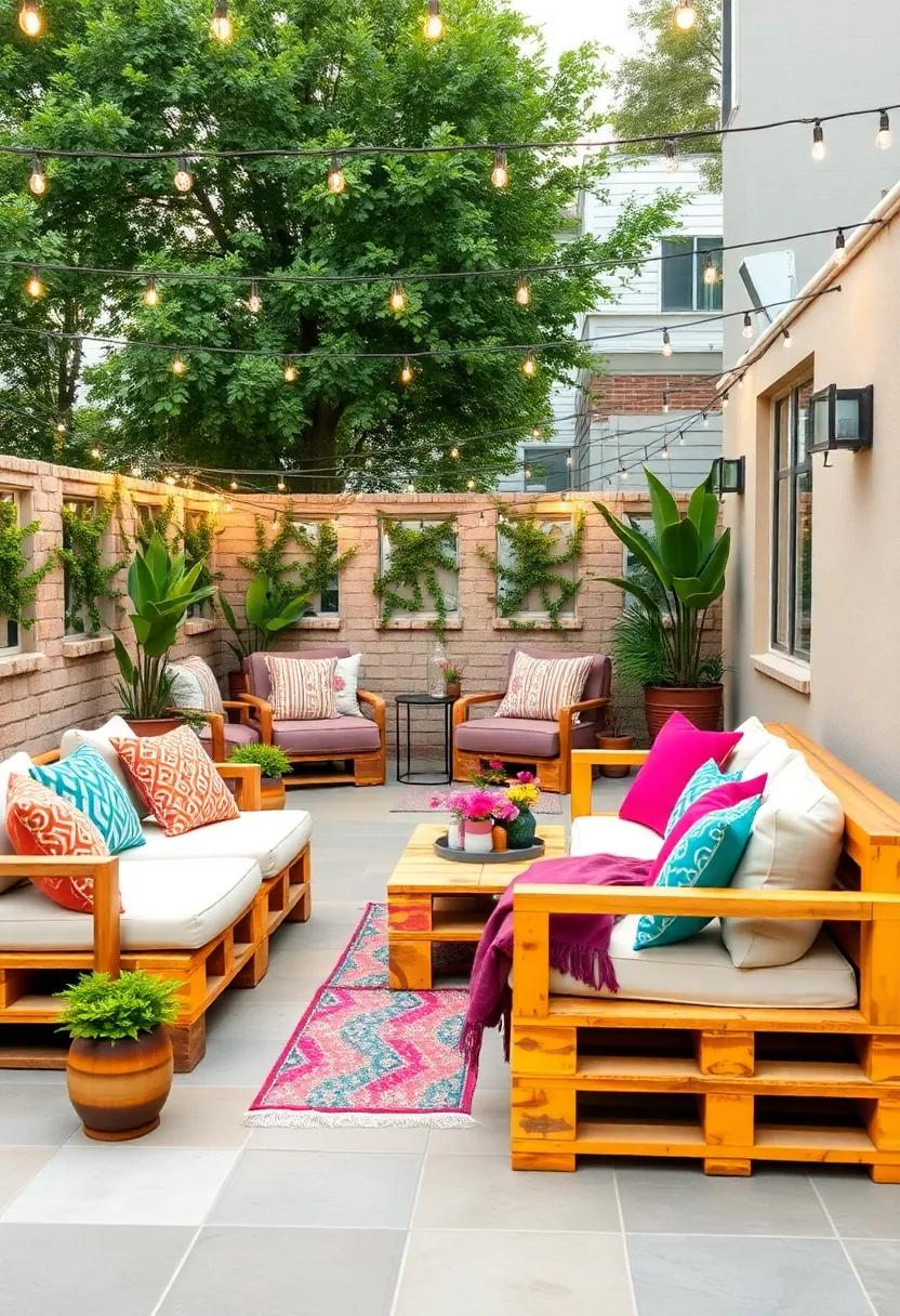 Vibrant ⁣Fiesta: ​Brightly ⁣painted​ pallets with multi-colored cushions, string⁤ lights, ‌and ⁤festive‌ decor for lively gatherings