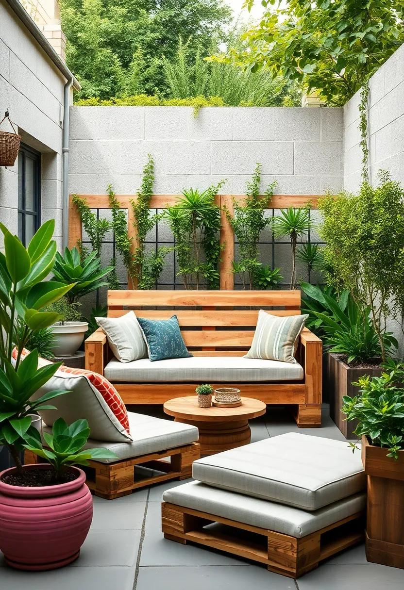 Garden Retreat: Pallet loveseat nestled among greenery, featuring built-in⁣ planters on each side for fresh herbs or flowers