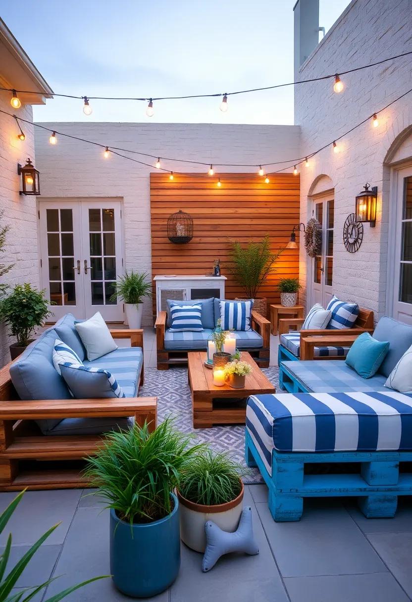 Coastal Cool: Light⁣ blue-painted pallets arranged as a sectional, paired with​ nautical stripes and sea-inspired decor