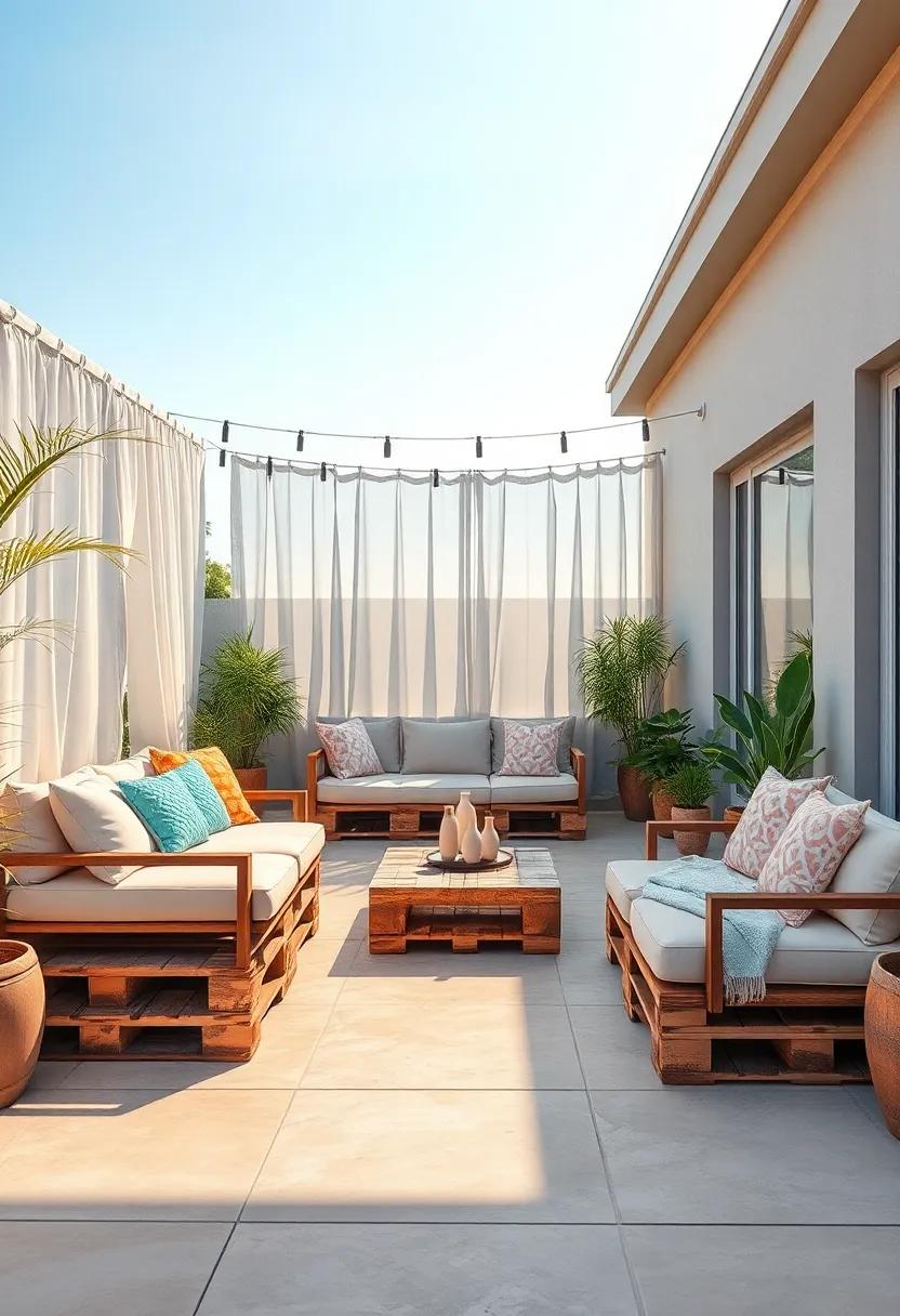 Sunrise Serenity: Soft pastel cushions‌ on pale pallets, accented with sheer curtains to evoke early morning calm