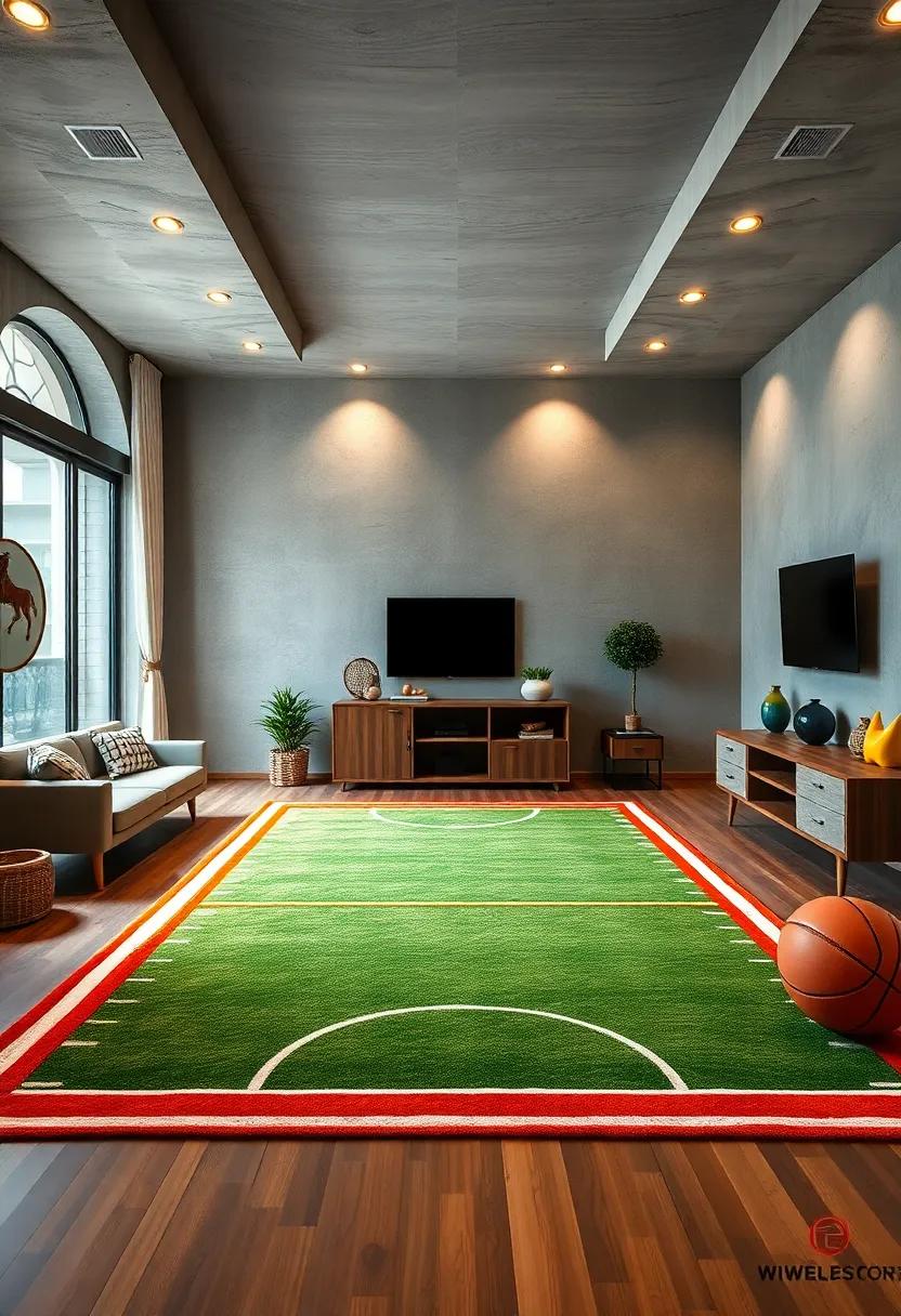 A custom rug designed ⁤to⁤ look like ​a football field or tennis court