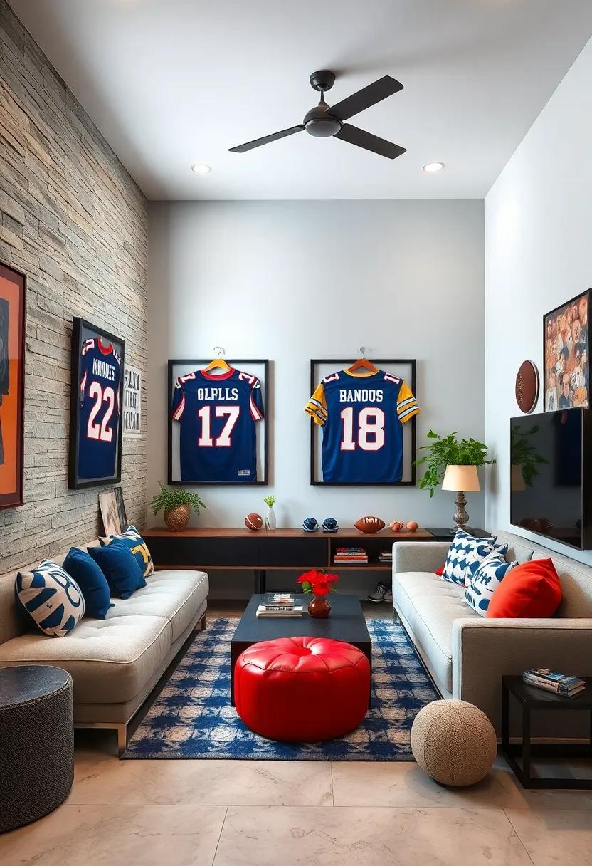 Framed jerseys and signed⁢ memorabilia ​displayed as art pieces