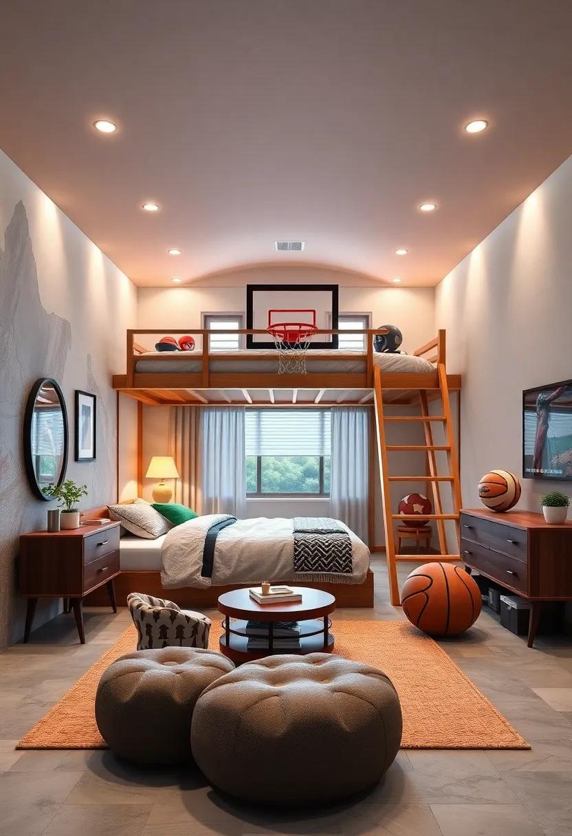 A loft bed designed​ to ⁤resemble a basketball hoop or soccer goal