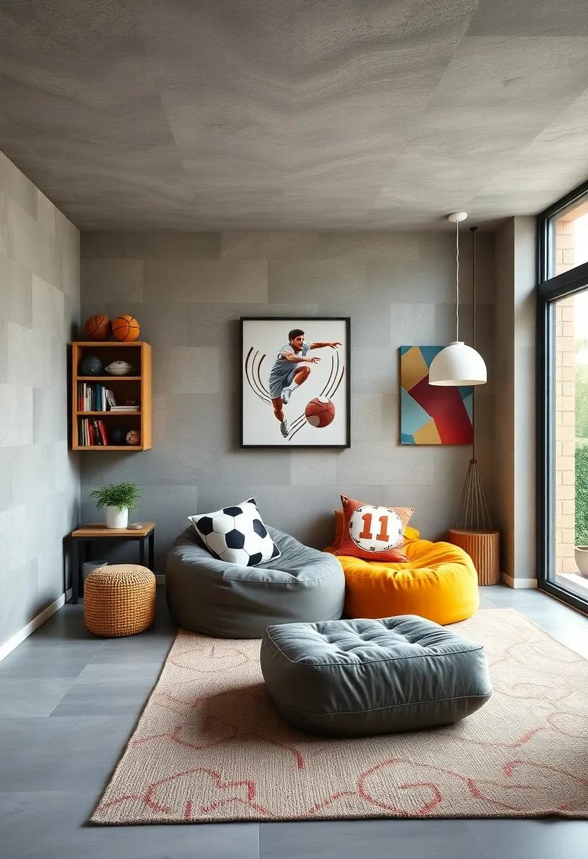 A reading nook⁤ with sports-themed bean bags and cushions