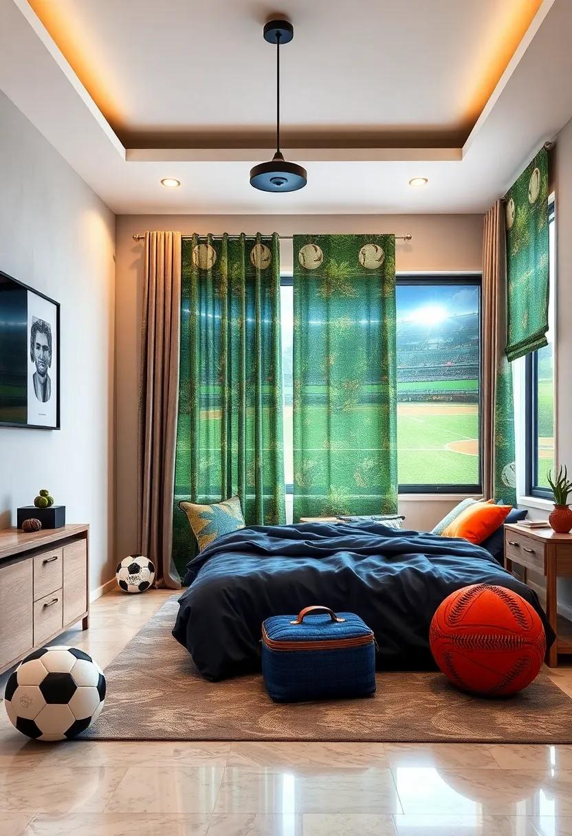 Sports-themed curtains and blinds⁢ to complement the room's ⁤design
