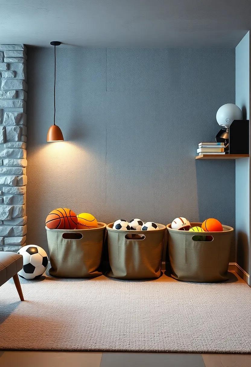 Storage bins themed around sports balls for toys and gear organization