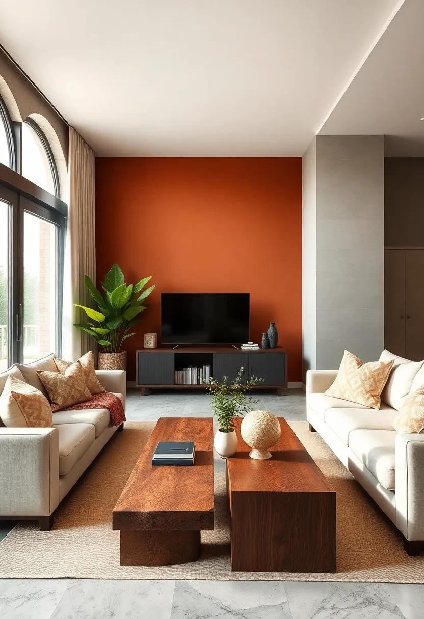 A warm cinnamon-toned accent wall enhances natural ‍light⁢ and pairs beautifully with cream⁢ sofas and rustic wooden coffee tables for a⁢ homey feel
