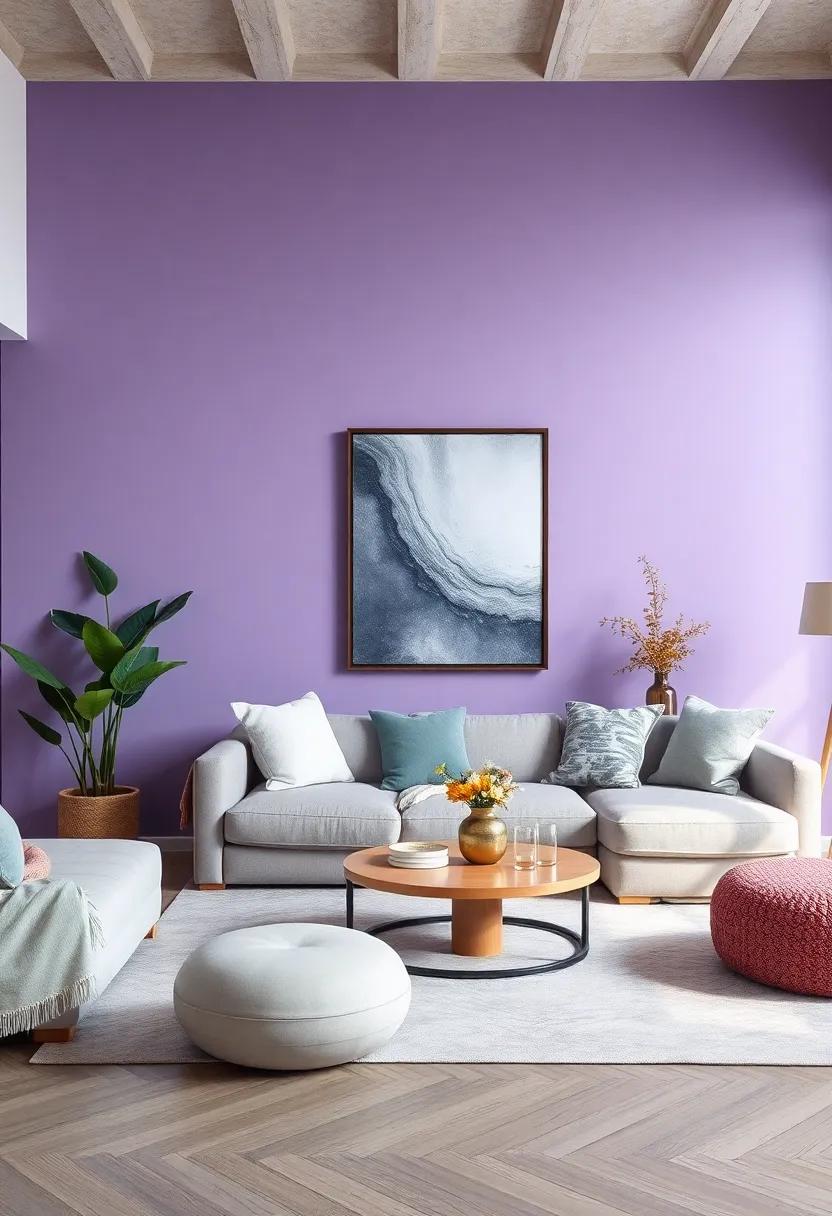 Muted lavender accent walls‍ evoke calm and creativity,paired with cozy textiles and modern‍ art for a balanced and inspiring living space