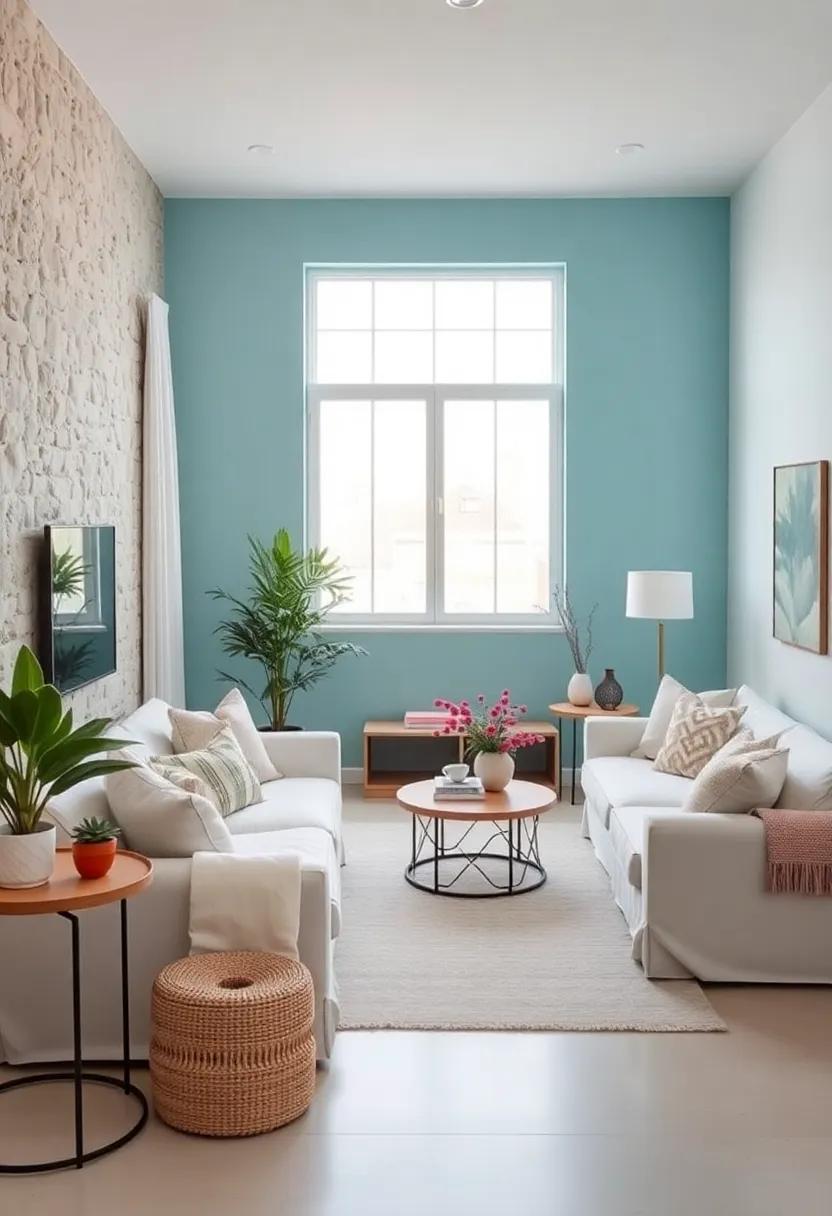 A ‍pale aqua blue accent ‍wall brightens a ‍small⁣ living room, paired with white linen ⁢furniture and soft, woven textiles ‍for⁤ a breezy atmosphere