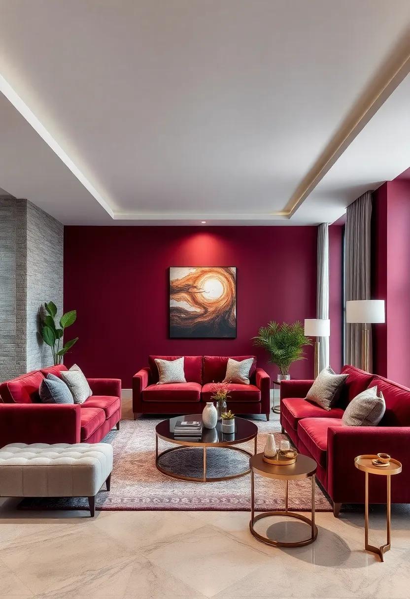 Rich burgundy accent walls introduce elegance and depth, ‌complemented by plush velvet sofas and metallic accents for a luxurious touch