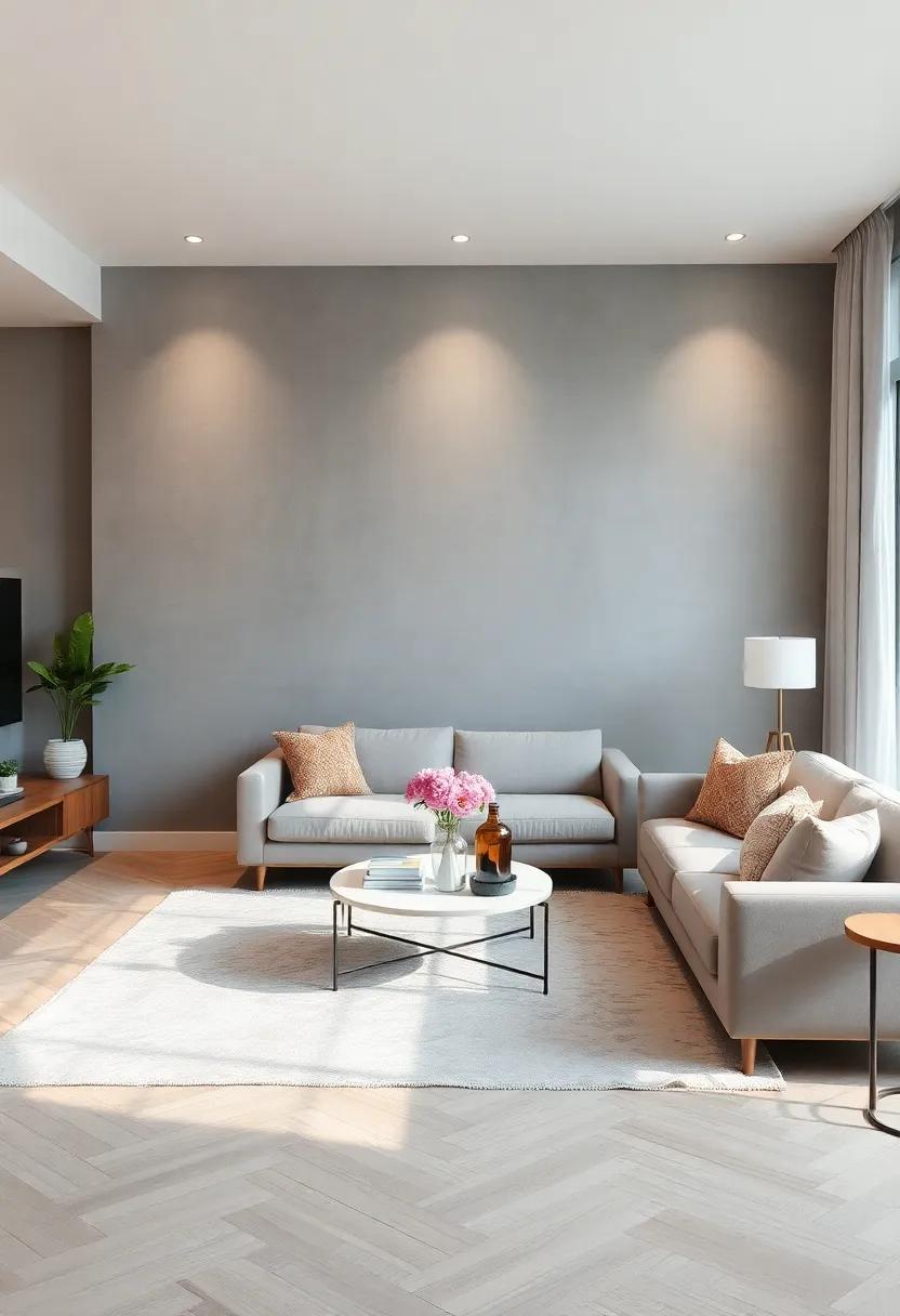 A soft gray accent⁣ wall with subtle metallic finish adds dimension ⁢and elegance, pairing well ‍with contemporary furniture and plush rugs