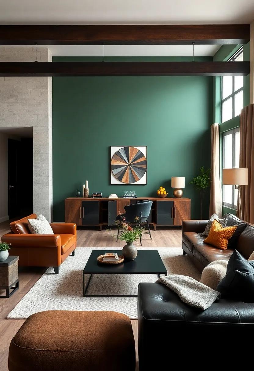 Deep forest green as an accent wall paired with leather furniture blends⁢ sophistication ‌with rustic ‌charm, ideal for an‍ inviting apartment living room