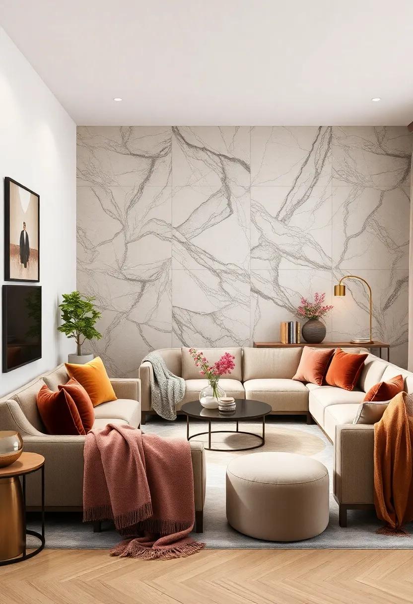 A statement marbled accent wall brings a touch of opulence, enhanced‍ by velvet throws and modern brass lighting ⁤to create a ⁢glamorous setting