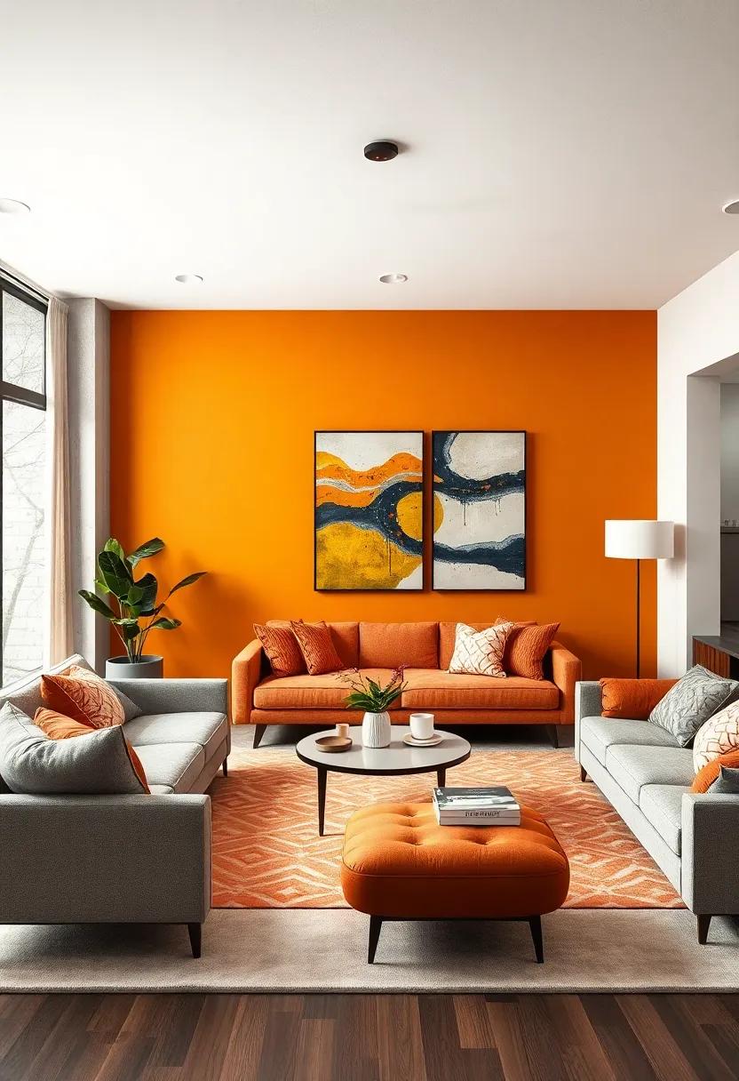 A​ bold ochre accent wall energizes the living room, combined with mid-century furniture and⁢ abstract art for retro charm