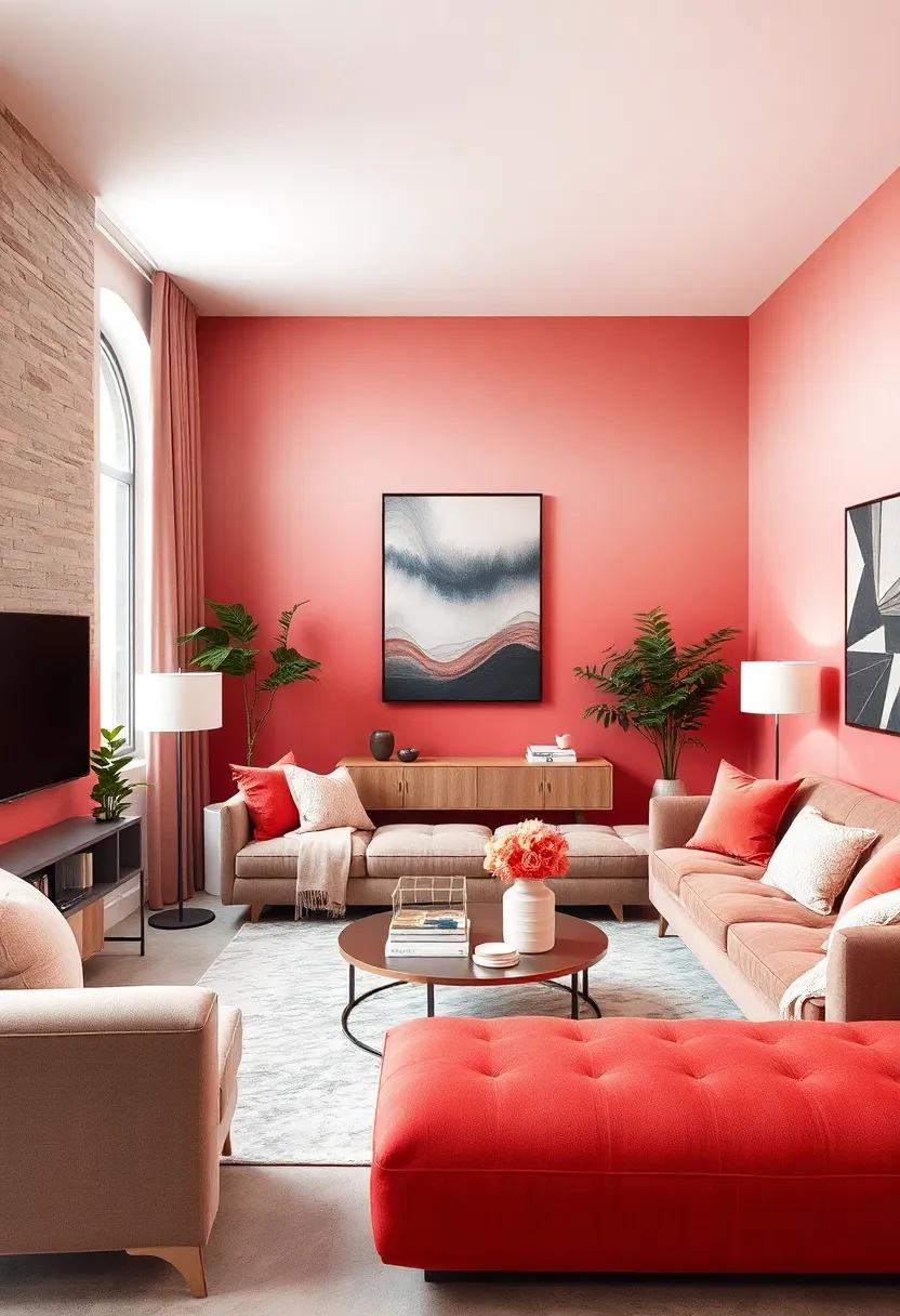 Soft pastel pinks on an accent wall‌ add‍ a subtle pop of ‌color,​ balanced with ⁢minimalist decor and light gray upholstery for a serene vibe