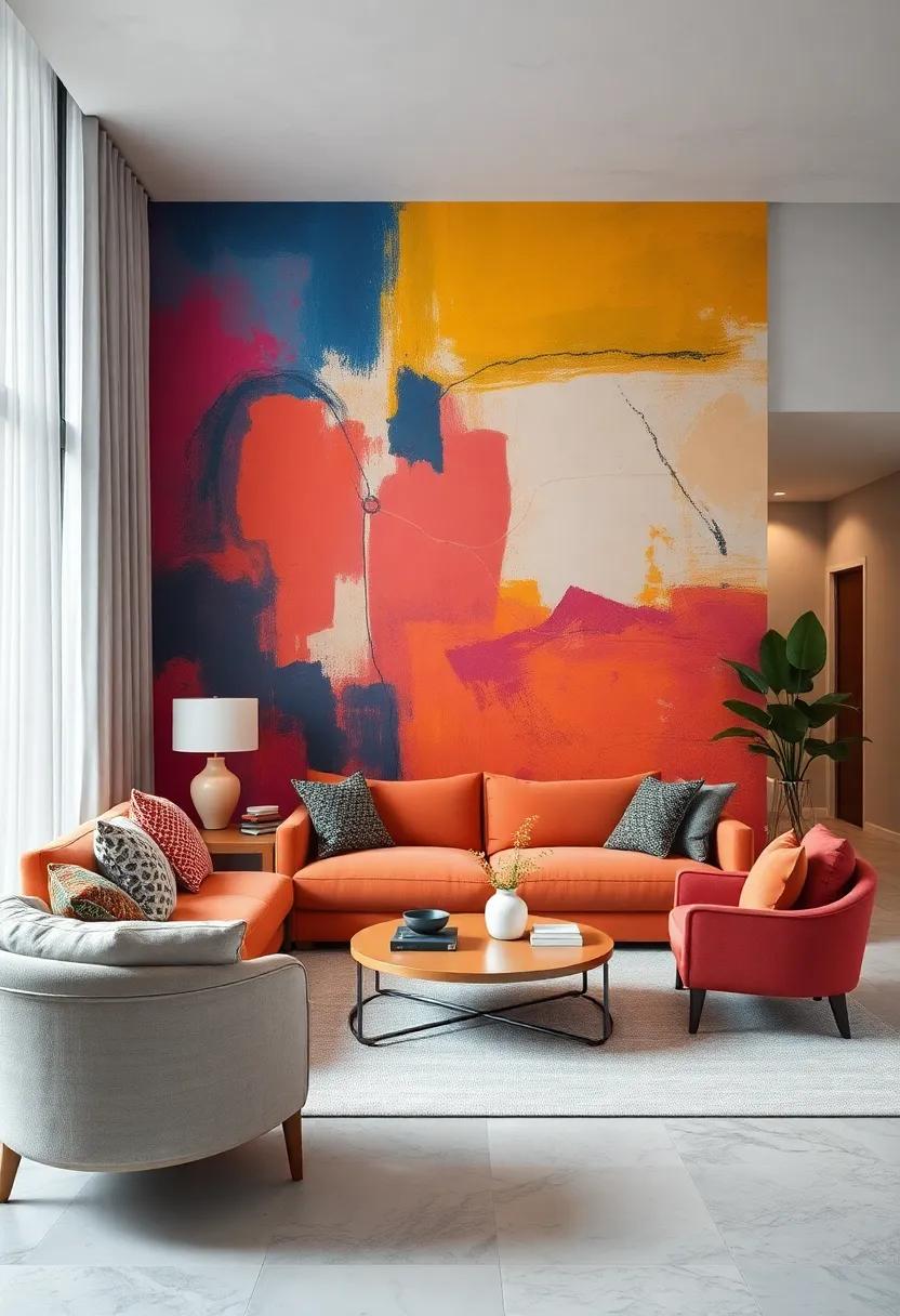 An abstract mural as an ⁢accent wall serves as⁤ a centerpiece, incorporating ⁣vivid colors that harmonize⁣ with simple furnishing choices