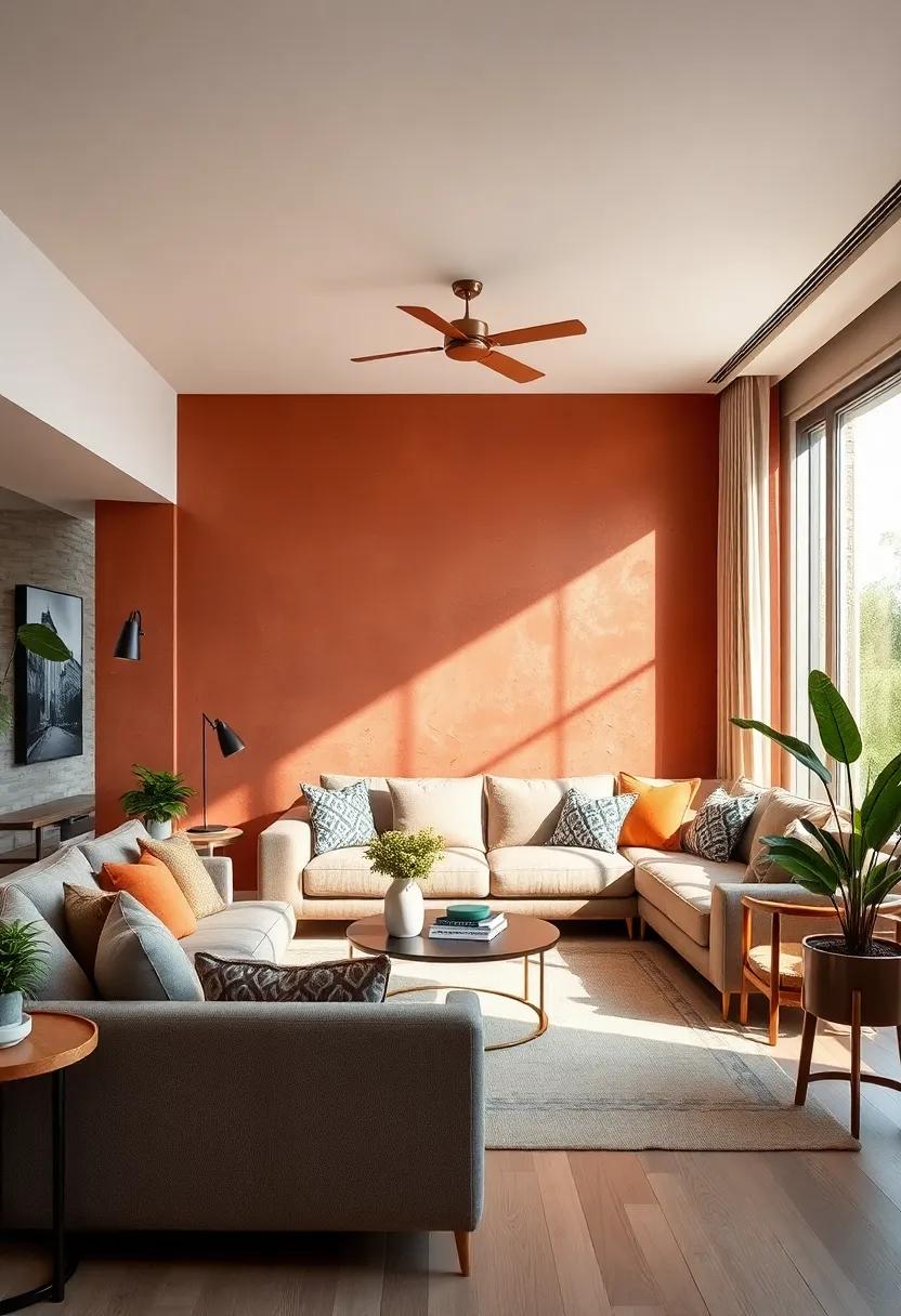 Earthy terracotta tones on⁤ an accent wall introduce warmth and texture, complemented by natural wood and greenery for a cozy retreat