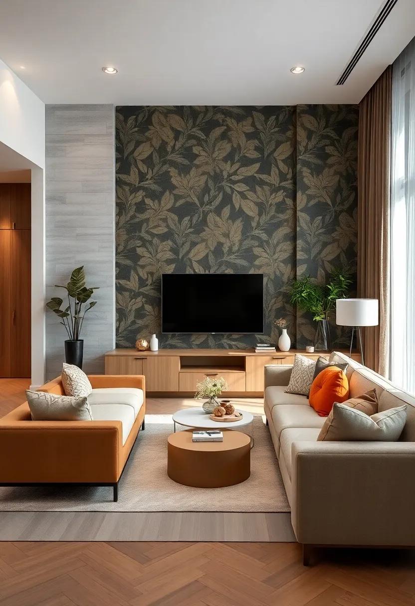 A ‍textured wallpaper accent wall with leaf patterns introduces a botanical theme, ⁣perfect for paired-down, nature-inspired interiors