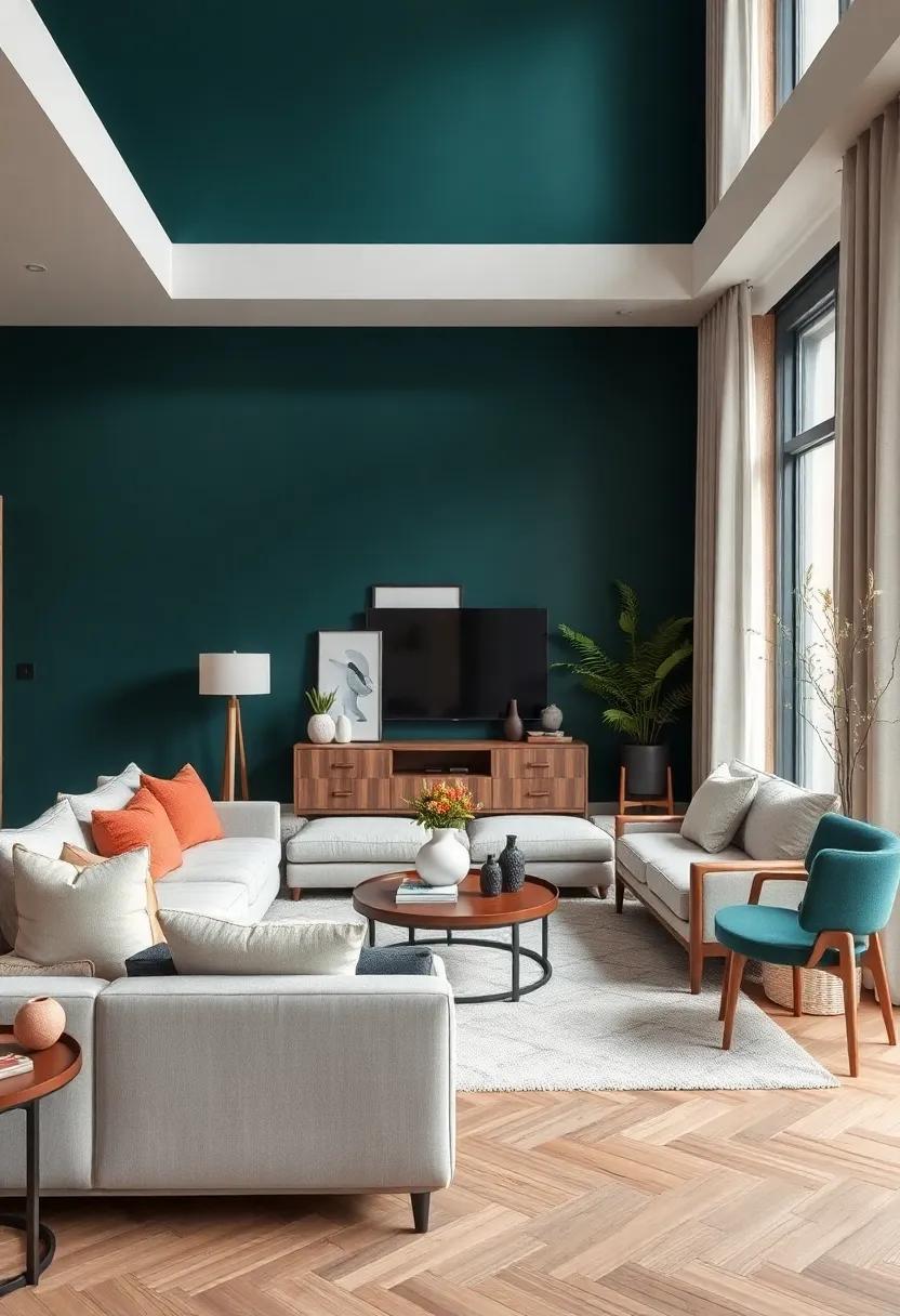 Dark teal accent walls create a moody yet ‍inviting contrast, complimented by ⁣light wood elements and nature-inspired decor for balance