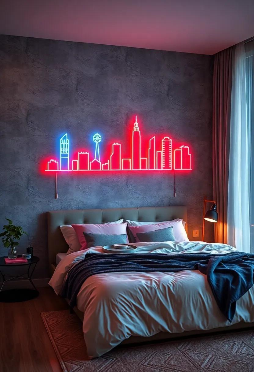 Inspirational city ‌Skylines - Neon outlines of city skylines celebrate urban energy and ‌wanderlust